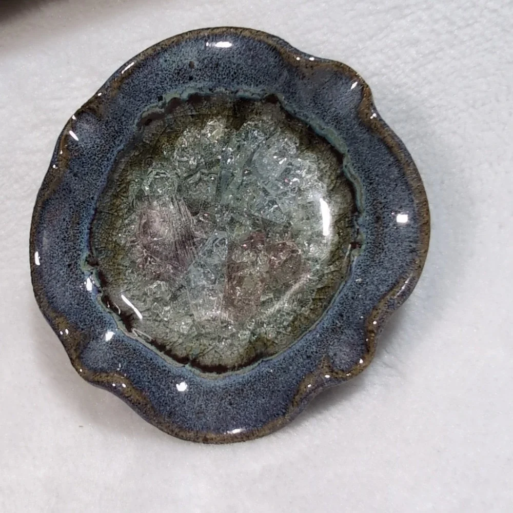 Studio Pottery Wavy‎ Edge Glazed Melted Crackled Glass Trinket Ring Dish Geode
